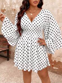 EMERY ROSE Plus Size Elegant Polka Dot Print V-Neck Flared Sleeve Dress Fall - Black and White - View 1