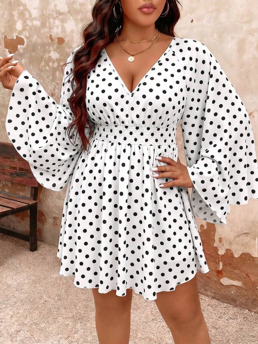 EMERY ROSE Plus Size Elegant Polka Dot Print V-Neck Flared Sleeve Dress Fall - Black and White - View 1