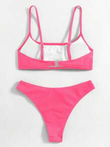 Swim Mod Bộ đồ bơi nữ 2 món tách rời, áo cổ tròn dây mảnh màu trơn chất liệu vân nổi và quần bikini tam giác - Màu đỏ anh đào - Xem 2