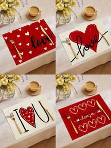 1/4/6PCS Polyester Stain Resistant Non Slip Washable Red Pink Heart Love Decor Placemat Dining Mat For Valentine Day Home Restaurant Dining Table Decor Household Items - Red - View 7