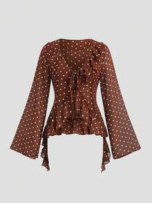 Firerie Women's Ruffle Tie Front Open Front Bell Sleeve Chiffon Floral Print Fall Clothes Blouse - Coffee Brown - View 1