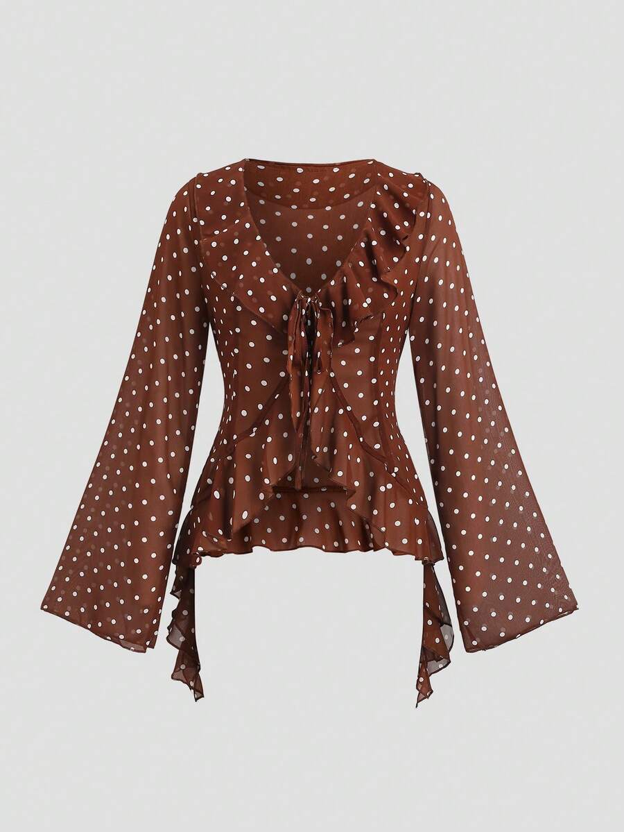 Firerie Women's Ruffle Tie Front Open Front Bell Sleeve Chiffon Floral Print Fall Clothes Blouse - Coffee Brown - View 1