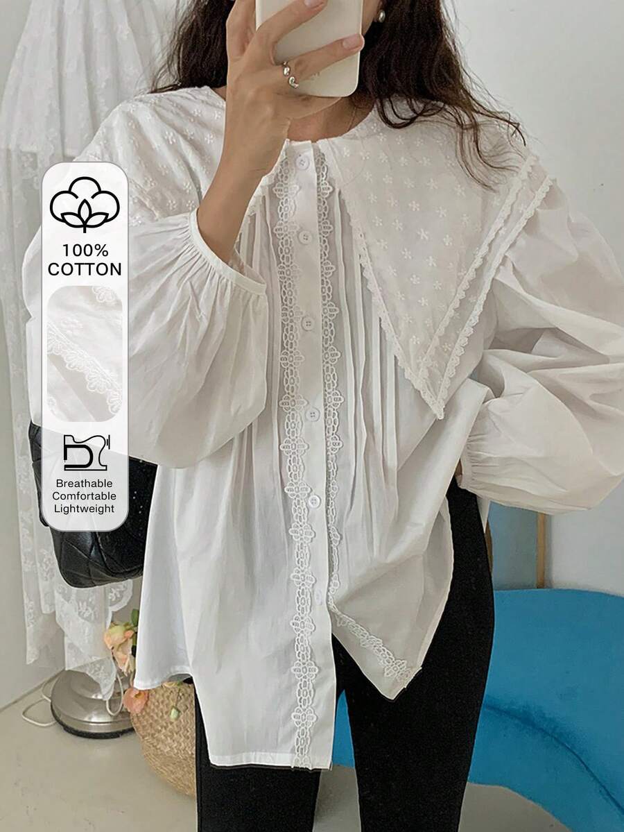 DAZY 女式蕾丝拼布彼得潘领灯笼袖衬衫,秋季女装,返校服长袖上衣 - 白色 - 查看 1
