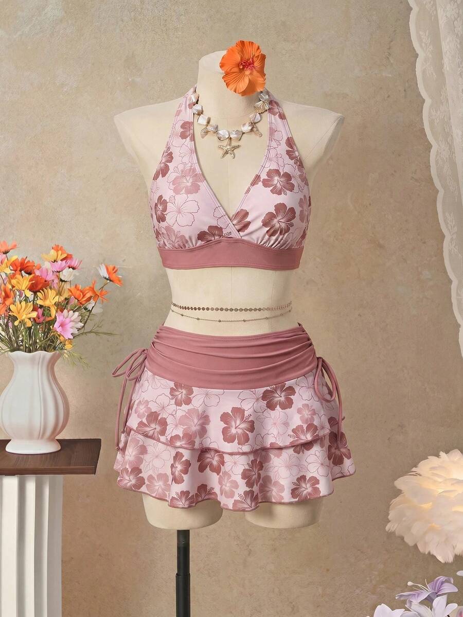 Bellisia 26SS Orange Halter Neck Triangle Bikini Top With Matching Skirt 3 Pieces Set, Beach/Resort Wear - Multicolor - View 1