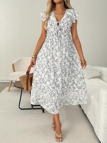 SHEIN LUNE Women's Casual Tropical Sexy Boho Ditsy Floral Tie-Up Ruffle Sleeve Long Dress, Vacation, Commute Picnic Summer Outfits White And Blue Floral Brunch - Multicolor - View 4