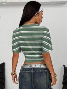 Coolane 女款夏季極簡 Y2K 基本款休閒街頭風彈性白色寬鬆百褶短版 T-shirt - 綠色 - 查看 6