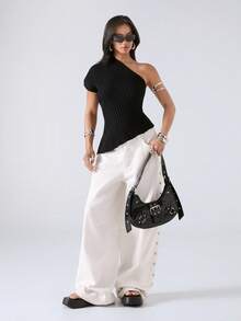 LYSMO Top de punto acanalado ajustado de un solo hombro con dobladillo asimétrico de color liso minimalista de verano para mujer - Negro - Ver 4