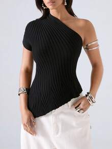 LYSMO Top de punto acanalado ajustado de un solo hombro con dobladillo asimétrico de color liso minimalista de verano para mujer - Negro - Ver 5