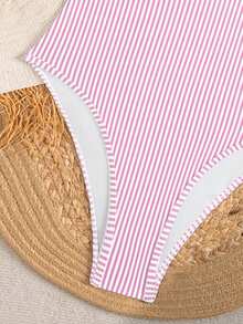 Swim Mod 2026 New Women's Summer Beach Vacation Blue & White Pattern Print Spaghetti Strap Triangle Cut-Out Backless Sexy High-Cut One-Piece Swimsuit - Pink - View 5