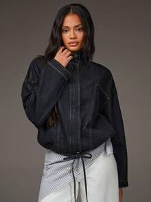 Athîral Denim Petite 女款休閒度假長袖翻領小版牛仔外套，黑色牛仔小號外套，立領寬鬆牛仔外套，抽繩下擺，硬挺面料，大廓形時尚，酷感，機場、戶外、度假多用途外套 - 黑色 - 查看 3