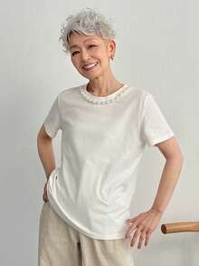 FRIFUL 女士纯色短袖圆领串珠装饰宽松休闲百搭T恤，夏季 - 白色 - 查看 4