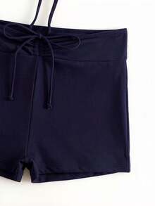 SHEIN Swim 女款純色度假繫帶抓皺背心與短褲泳裝兩件套 海灘深藍色夏季性感 - 藏蓝色 - 查看 5