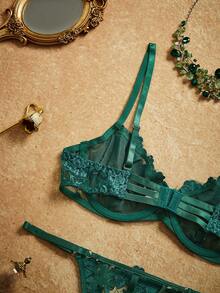 PinupPomp 2 piezas Conjunto de lencería de mujer con bordado de malla - Verde Oscuro - Ver 3