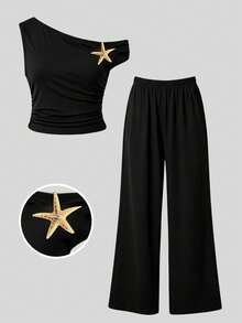 This Tween Girls T-Shirt Set Features An Off-The-Shoulder Design, With A Spaghetti Strap On One Side Supporting The Shoulder While The Other Naturally Falls To Reveal The Shoulder, Creating A Subtly Look. The Gathered Waistline Naturally Accentuates The Figure, Making It Perfect For Spring And Summer. - Black - View 5