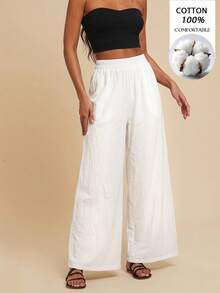 Travachic Pantalones anchos de pierna ancha de unicolor y sueltos para mujer, primavera/verano - Blanco - Ver 4