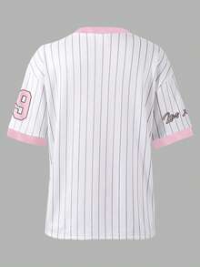 SHEIN 青少年女孩休闲运动衫、字母和数字印花 V 领 T 恤 - 彩色 - 查看 2
