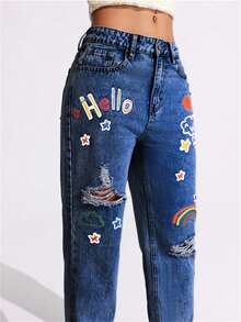 SHEIN EZwear 大码女式休闲时尚街头日常通勤趣味卡通印花破洞紧身牛仔裤 - 中等水洗藍 - 查看 5
