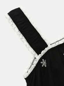 lacRébo 黑色寬鬆版型迷你洋裝，白色刺繡與荷葉邊肩帶，夏季度假休閒波西米亞風洋裝 - 黑色 - 查看 10