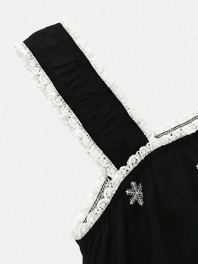 Black Loose Fit Mini Dress With White Embroidery And Ruffled Straps Summer Holiday Casual Boho Dress