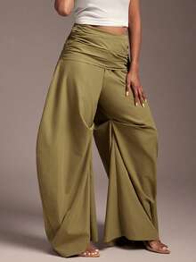 Vixey Solid Woven High Waist Gathered Sash Wide Barrel Leg Pants - Olive Green - View 4