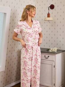 CottageSlumber Floral Print Sweet Ruffle Collar Cardigan Short Sleeve Women Pajama Set - Pink - View 3