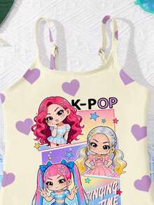 Cream White, Cute Cartoon Girl & Heart Pattern, Young Girls' Casual Minimalist One-Piece Swimsuit, Suitable For Summer - Multicolor - View 3