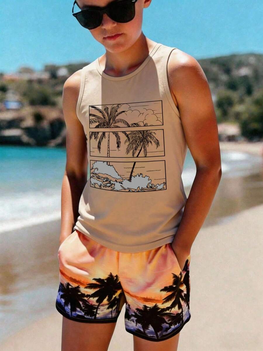 Tween Boys Casual Simple Crew Neck Tank Top Suitable For Summer, Classic Handsome Vintage Hand-Drawn Seaside Vacation Coconut Tree Pattern Print - Camel - View 1
