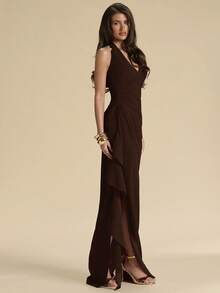 SHEIN BAE Spring & Summer Bridesmaid Dress, Deep V-Neck Halter Sexy Ruffle High Slit Ruffled Wrap Long Red Dress For Women, Elegant Ruffled Maxi V-Neck Dress For Women - Coffee Brown - View 4