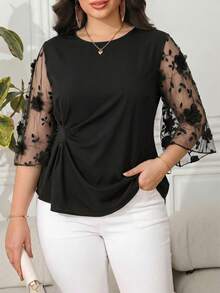 Reflora Plus Size Elegant Commuter Shirt With 3D Floral Decor, Embroidery And Mesh Panels Fall - Black - View 4