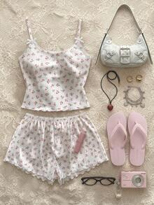 SHEIN Casual Underwear&Sleepwear 女士碎花吊带背心和短裤睡衣套装 - 白色 - 查看 1