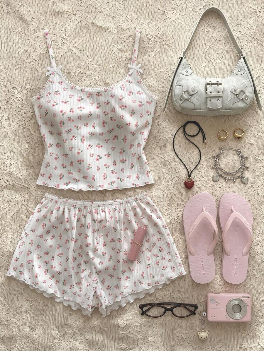 SHEIN Casual Underwear&Sleepwear 女士碎花吊带背心和短裤睡衣套装 - 白色 - 查看 1
