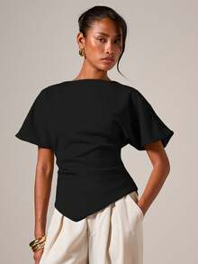 SHEIN PETITE CURVE 女款大尺碼短袖素色T恤 - 黑色 - 查看 3