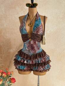 Soleia Romper Wanita Motif Hewan dengan Patchwork Renda, Tanpa Punggung, dan Leher Halter - MultiWarna - View 8