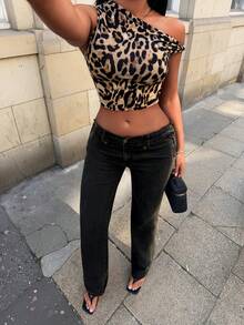 SHEIN SXY Leopard Print One Shoulder Twist Knot Elastic Bodycon Top Summer Holiday Beach Casual Fairy Flowy Sexy Boho Birthday Bachelorette Party Women - Multicolor - View 5