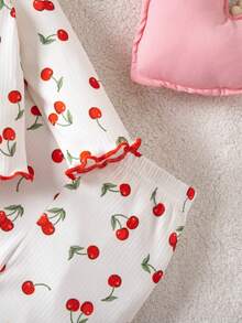 Conjunto de pijama de 2 piezas para recién nacido con patrón de dibujos animados lindo, cuello redondo con volantes, manga corta, tejido de punto, ajuste cómodo (Dos piezas) - Rojo - Ver 6