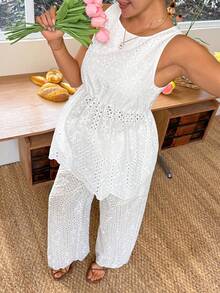 SHEIN Maternity Sets Spring/Summer White Two-Piece Set With Openwork Embroidery Comfortable And Casual Maternity Vacation Style Photoshoot Maternity - White - View 6