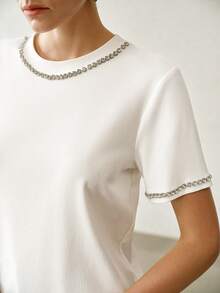 MOTF PREMIUM SUMMER NEW DESIGN BEADED SHORT SLEEVE T-SHIRT FOR WOMEN, WHITE LOOSE CASUAL ROUND NECK SLOUCHY VERSATILE TOP - White - View 3