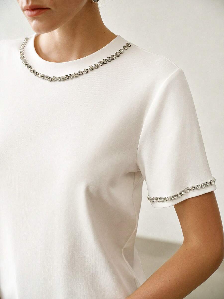 MOTF PREMIUM SUMMER NEW DESIGN BEADED SHORT SLEEVE T-SHIRT FOR WOMEN, WHITE LOOSE CASUAL ROUND NECK SLOUCHY VERSATILE TOP - White - View 2