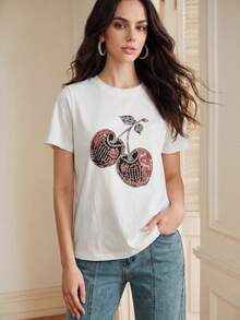 Anewsta Damen Rundhals Shirt mit Strass-Kirschprint, vielseitig tragbar für den täglichen Gebrauch, Kurzarm - Weiss - Übersicht 4