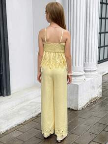 SHEIN Tween Girl Casual Burnout Graphic Summer Vacation Commute Daily Basic Outing Outfit Sleeveless Top And Long Pants 2 Pieces Set - Yellow - View 4