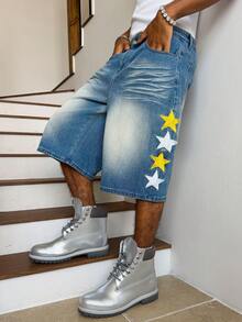 Manfinity EMRG Men's Star Embroidery Pocket Button Zipper Denim Wide Leg Shorts, Holiday - Light Wash - View 5
