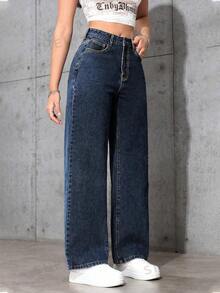 SHEIN Unity Women's Solid Color Casual Denim Jeans - Dark Wash - View 5