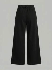 Selenza Plus Size Zipper Button Pocket Wide Leg Solid Color Minimalist Business Denim Jeans - Black - View 4