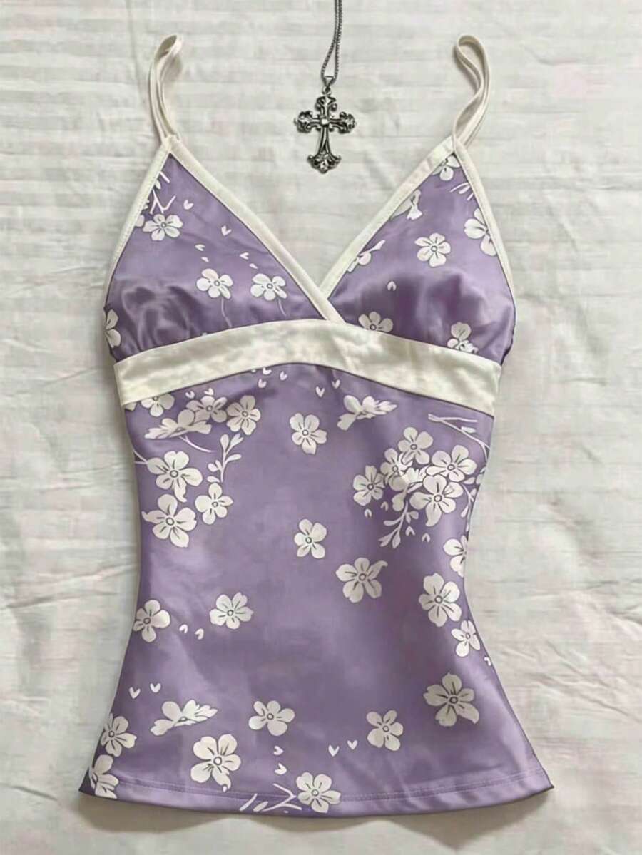 INAWLY 女款度假花卉印花時尚優雅細肩帶背心上衣 - 彩色 - 查看 1