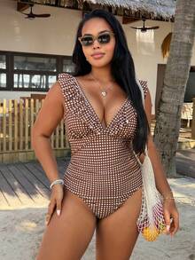 Swim Vcay 2026 New Women's Plus Size One-Piece Ruffle Hem Coffee Color Small Check V-Neck Design Waist Gathered Tummy Control Slimming Triangle Bottom Swimsuit - Coffee Brown - View 4
