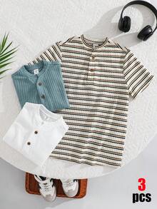 SHEIN 3件組兒童青少年男孩半袖T恤套裝，木鈕扣裝飾與紋理面料，綠色、白色、條紋，短袖，適合夏季休閒出遊、運動、度假、上學，百搭百用 - 彩色 - 查看 5