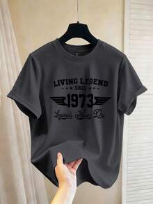 Manfinity Hypemode Plus Size Men's Letter Print Round Neck Short Sleeve Casual Versatile T-Shirt - Dark Grey - View 1