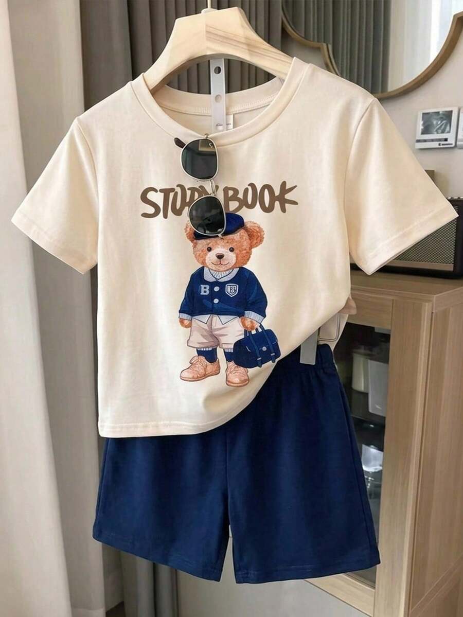 SHEIN 2pcs/Set Young Boys' Casual Comfortable Versatile Striped Ribbon Contrast Color Round Neck Short Sleeve T-Shirt And Solid Color Shorts Set - Multicolor - View 1