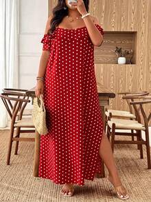 SHEIN Tall Plus Size Women's Summer Vacation Polka Dot Dress, Ruffle Collar, Suitable For Daily Outings/Romantic Long Dress/Vacation Travel - Multicolor - View 6