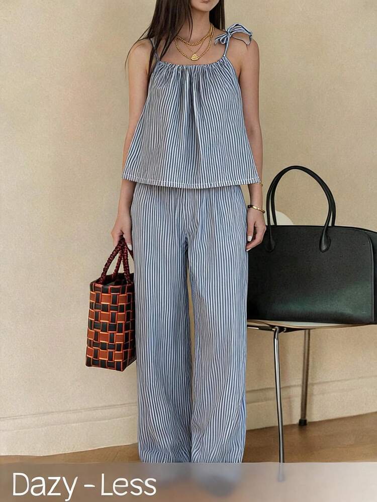 Spaghetti Strap Sleeveless Tie-Front Striped Loose 2 Pieces Set, Summer